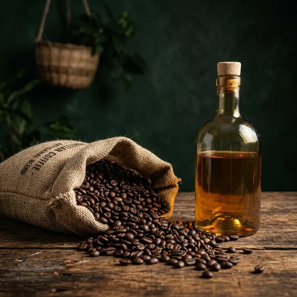 Sak kafe ayisyen ak yon boutèy sou tab bwa